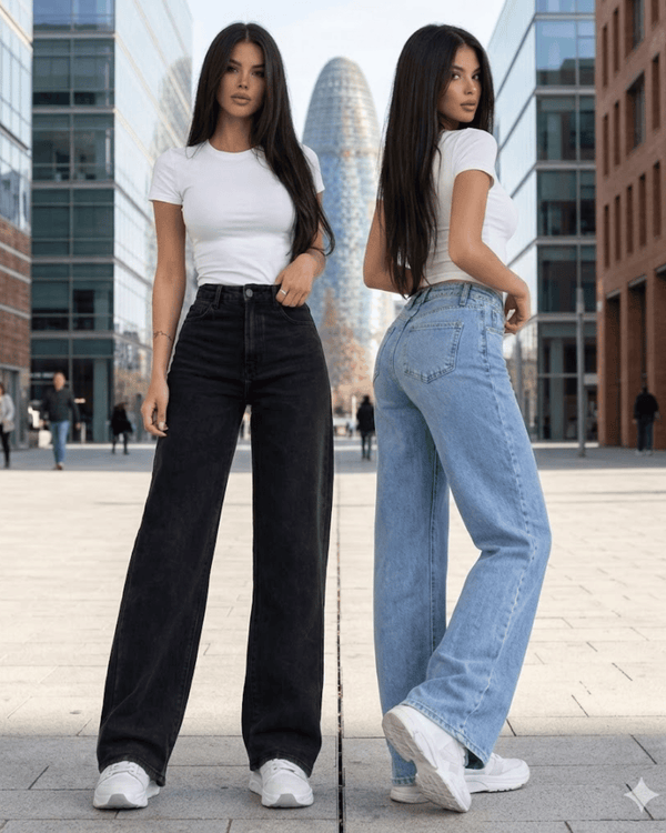 Angela - Vaqueros elásticos de cintura media y pierna ancha Negro - Azul